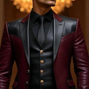 May include: A burgundy and black leather suit, featuring a blazer with a black yoke and a matching vest. The vest has gold buttons. The suit is worn with a black shirt and tie. The overall style is formal and elegant.