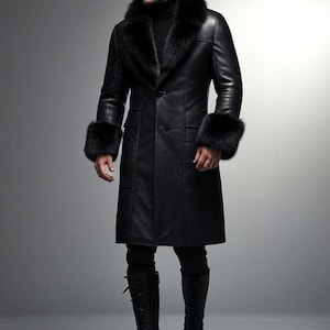 May include: A long, black leather coat with a fur collar and cuffs. The coat has a single-button closure and is worn with black pants and knee-high boots. The coat appears to be a stylish outerwear garment.