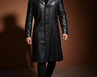Gabardina larga de cuero con capucha negra para hombre / Abrigo de motociclista estilo cyberpunk / Regalo personalizable para él / Ropa de cuero genuino personalizada