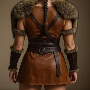 May include: A brown leather costume with fur accents. The outfit includes a sleeveless top, skirt, belt, and arm cuffs. Fur trim adorns the shoulders, cuffs, and boots. The model has a long braid.