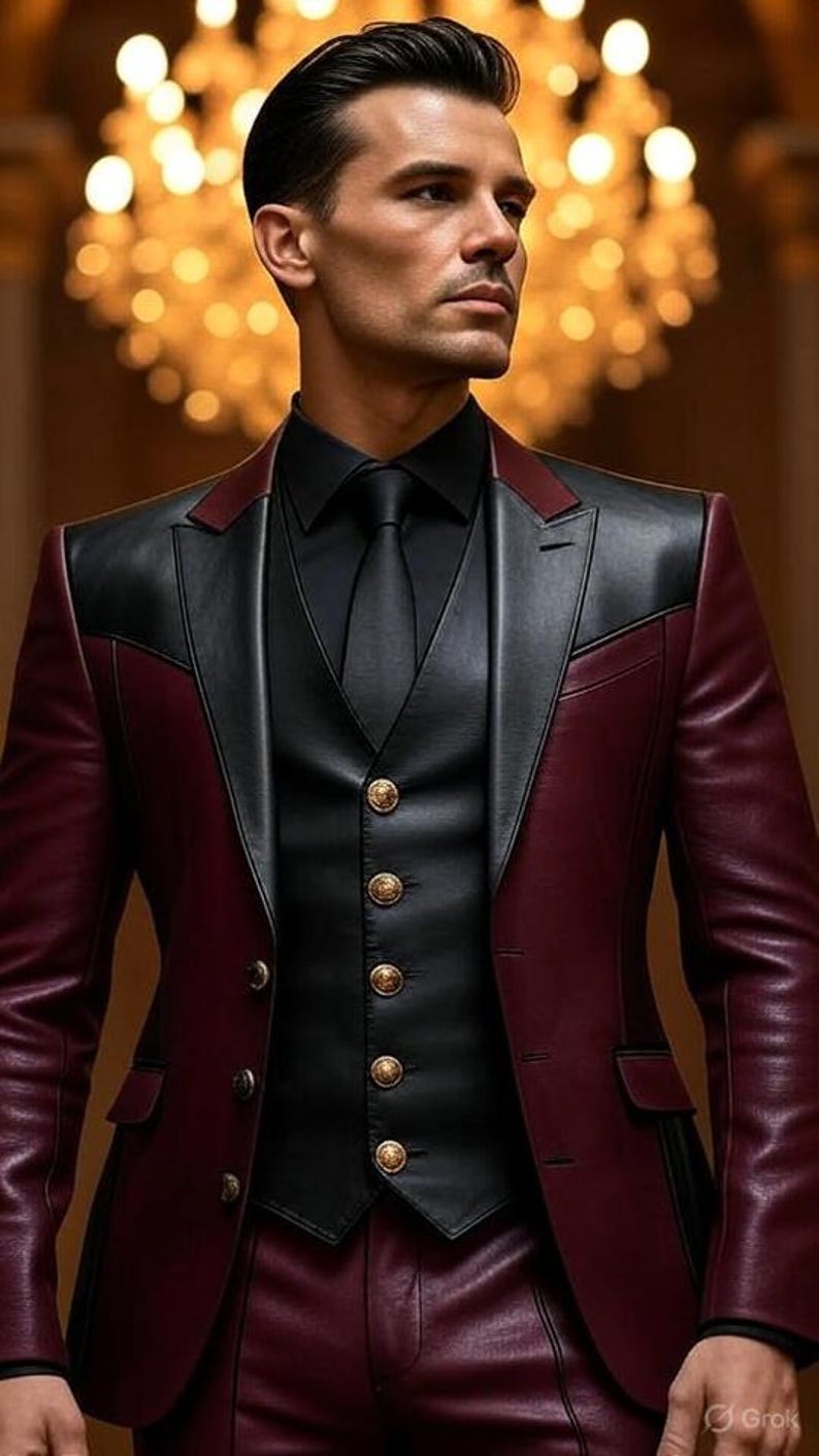 May include: A burgundy and black leather suit, featuring a black vest with gold buttons, a black tie, and a matching burgundy jacket. The suit is a stylish ensemble, perfect for formal occasions.