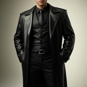 May include: A black leather trench coat, vest, dress shirt, tie, and trousers. The long coat has a notched collar and a belt. The outfit is all black and appears to be made of leather. The man is wearing a black outfit.