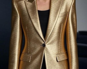 Champagne Gold Genuine Leather Blazer - Trendy Metallic Party Jacket For Women-Handmade Luxury Coat-Evening Wear Blazer-Wedding Guest Jacket