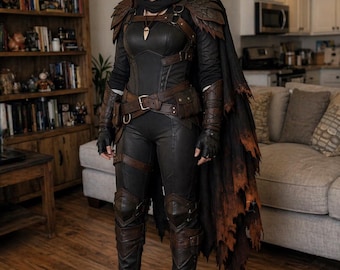Disfraz de armadura de cuero de fantasía oscura para mujer, atuendo de guerrera medieval para LARP y cosplay, capa con capucha de asesina pícara hecha a mano.