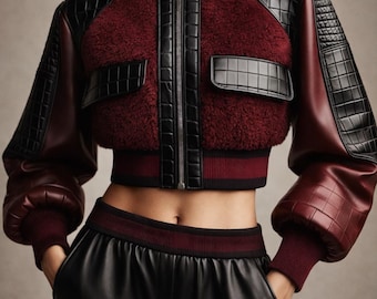 Luxury Burgundy Cropped Leather Bomber Jacket for Women,Shearling Panel Designer Jacket with Quilted Leather Sleeves,High Fashion Streetwear