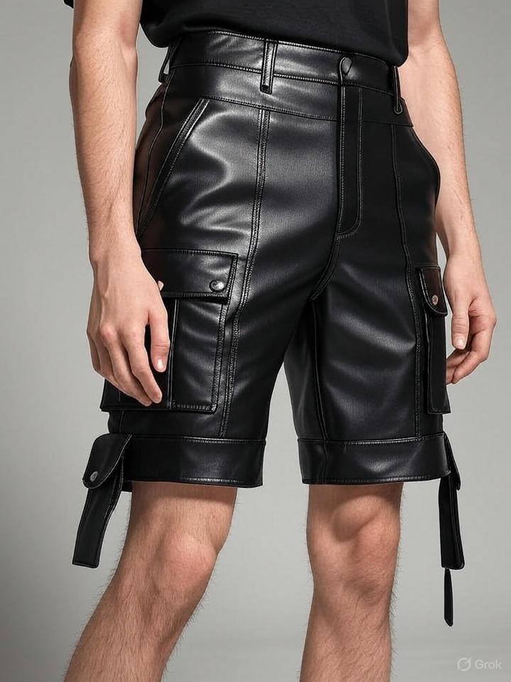 Handmade Black Lambskin Leather Cargo Shorts For Men, Party Festival Wear,Alternative Fashion, Motorcycle Club Shorts, Vegan Leather