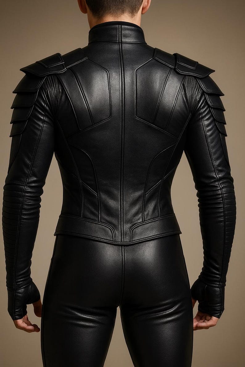 May include: Black leather jacket and pants set. The jacket features structured shoulders and intricate paneling details. The long sleeves have ribbed detailing. The pants are form-fitting, creating a sleek, cohesive look. The outfit is designed for a streamlined silhouette.