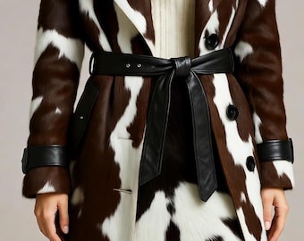 Luxury Cow Print Trench Coat & Skirt Set - Real Cowhide Leather Outfit for Women | High-End Runway Fashion, Designer Coat with Mini Skirt