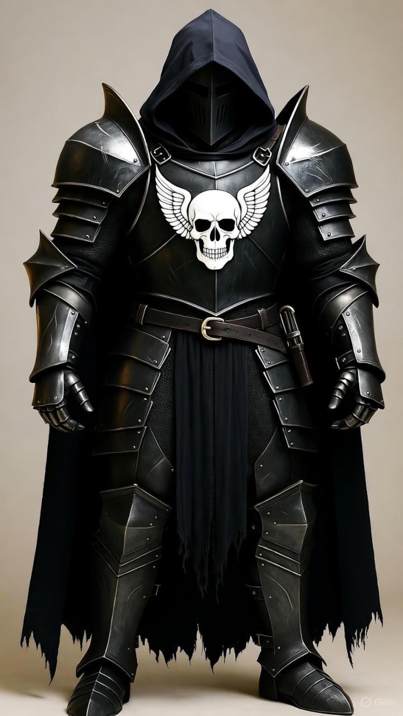 Puede incluir: Una armadura negra completa con una capucha. La armadura presenta un emblema de calavera blanca con alas en el pecho. Una capa negra y un cintur&oacute;n con hebilla completan la est&eacute;tica del caballero medieval.