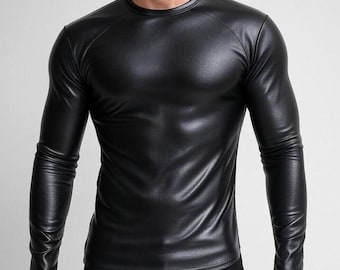 Men's Genuine Black Leather Long Sleeve T-Shirt, Custom Fit Leather Shirt, Biker Style Leather Top, Motorcycle Wear, Gift For Men