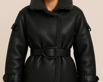 Black Vegan Leather Shearling Jacket for Women | Luxury Faux Fur Trim Winter Coat with Belt | Warm Oversized Fashion Outerwear for Cold