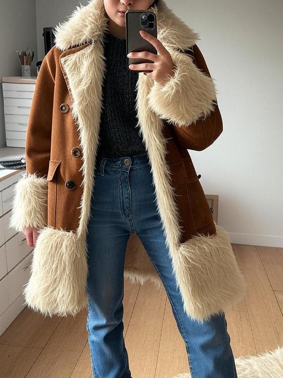 70s Vintage Penny Lane Style Coat,Women's Mongolian Fur Collar Afghan Coat,Genuine Suede Leather Real Shearling Lining,Winter Boho Jacket