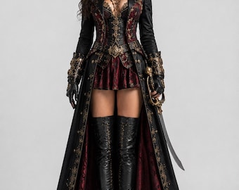 Pirate Costume with Hat, Women’s Black Victorian Pirate Outfit, Corset Dress, Long Coat, Gothic Cosplay Costume