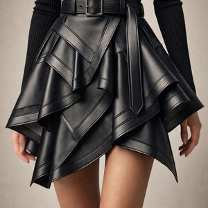 May include: A black faux leather mini skirt featuring multiple layered, asymmetrical ruffled panels with stitched edges. The skirt includes a high-waisted design with an integrated matching belt that has a rectangular silver-toned metal buckle.
