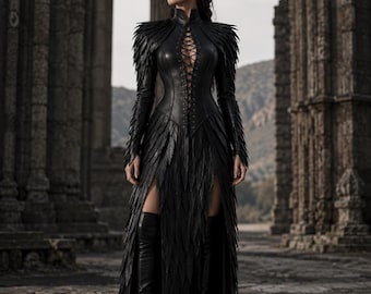Black Leather Feather Dress, Gothic Leather Dress, Dark Fantasy Outfit, Black Winged Costume, Gothic Corset Dress, Alternative Women Fashion