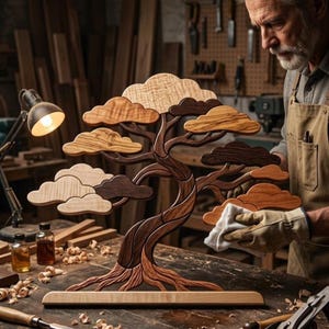 May include: A decorative wooden sculpture of a bonsai tree featuring a curved trunk and multiple layered cloud-shaped foliage sections in varying shades of light and dark wood grain, mounted on a rectangular base and being wiped with a cloth.