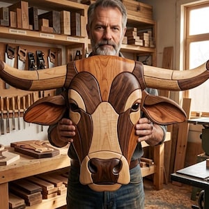 May include: A decorative wall-mounted bull head sculpture crafted from various shades of natural wood. The piece features a segmented design with light, medium, and dark wood tones forming the face, ears, and long, curved horns of the bull.