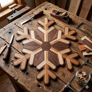May include: A decorative wooden snowflake ornament crafted from various wood tones including dark walnut and lighter oak. The snowflake features a geometric, multi-layered design with a central hexagon and six symmetrical arms, showcasing natural wood grain.