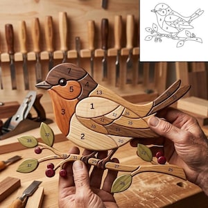 Può includere: Un puzzle in legno a forma di uccello con segmenti numerati in varie tonalità di legno, appollaiato su un ramo con foglie verdi e bacche rosse. Il design include un diagramma numerato corrispondente che mostra l'assemblaggio.