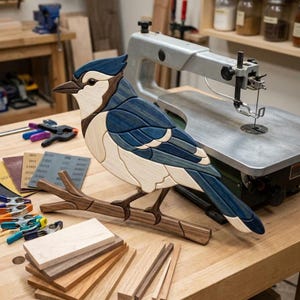 May include: A handcrafted wooden intarsia blue jay bird perched on a branch, featuring layered segments of blue, white, and dark brown wood. The bird has a pointed beak, a crest on its head, and detailed wing patterns, showcasing natural wood grain.