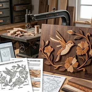 May include: A wooden intarsia wall art piece featuring a hummingbird and flowers, displayed with a laptop showing a digital pattern and printed assembly guides. The artwork uses various wood tones to create a layered, three-dimensional image.