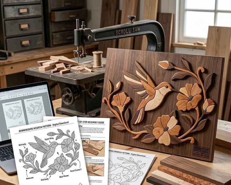 May include: A wooden intarsia wall art piece featuring a hummingbird and flowers, displayed with a laptop showing a digital pattern and printed assembly guides. The artwork uses various wood tones to create a layered, three-dimensional image.