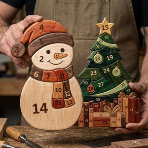 Op de afbeelding: Een houten sneeuwpop en een houten kerstboom als puzzel, beide voorzien van genummerde segmenten. De sneeuwpop heeft een rode muts en sjaal, terwijl de groene boom een ster heeft en op een basis van gestapelde cadeautjes is geplaatst.
