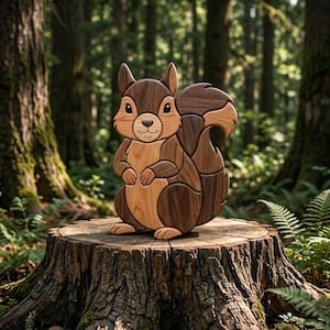 Op de afbeelding: Een houten eekhoornbeeldje met een lichtbruin lichaam en een donkerbruine kop en staart, staand op een boomstronk. De eekhoorn is gemaakt van meerdere stukken hout. De achtergrond is een groen bos.