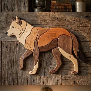 Peut inclure: Puzzle en bois représentant un coyote, composé de pièces numérotées dans des tons bruns et beiges. Le coyote est représenté en train de marcher, chaque pièce en bois étant découpée pour s'emboîter. Le puzzle est fixé sur un fond en bois rustique.