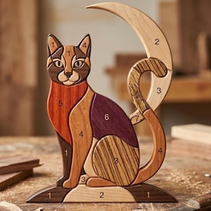 Peut inclure: Sculpture en bois de chat avec un croissant de lune. Le chat est fait de différentes teintes de bois, dont le marron, l'orange et le violet. C'est un objet décoratif, probablement pour la décoration intérieure.
