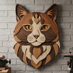 May include: A wooden cat head wall art piece. The artwork features a detailed design with various shades of brown, tan, and cream-coloured wood. The cat's eyes are a bright yellow, and the piece is mounted on a white brick wall.