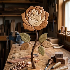 May include: A handcrafted wooden rose sculpture with a detailed design. The rose is made of light and dark brown wood, with green leaves and a dark brown stem. The sculpture is displayed on a wooden workbench with carving tools.