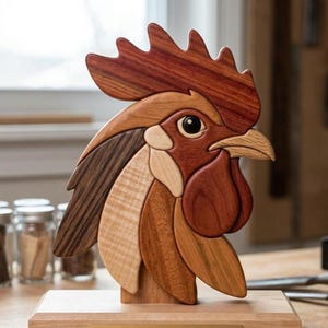 Puede incluir: Una escultura de cabeza de gallo hecha de varias especies de madera, incluyendo nogal, arce, cerezo, caoba, ébano y redheart. La base cuenta con una placa de latón con el texto: - WOOD SPECIES SHOWCASE - Walnut, Maple, Cherry, Mahogany, Ebony, Redheart.