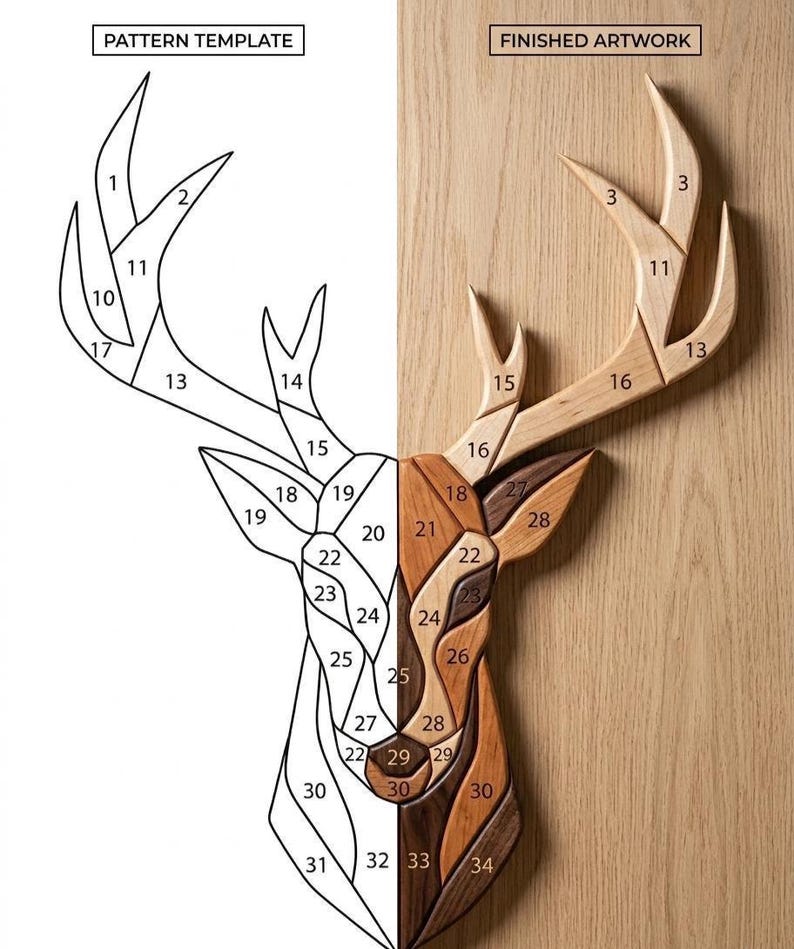 Deer Head Intarsia Pattern PDF | Whitetail Deer Woodworking Plan | DIY ...