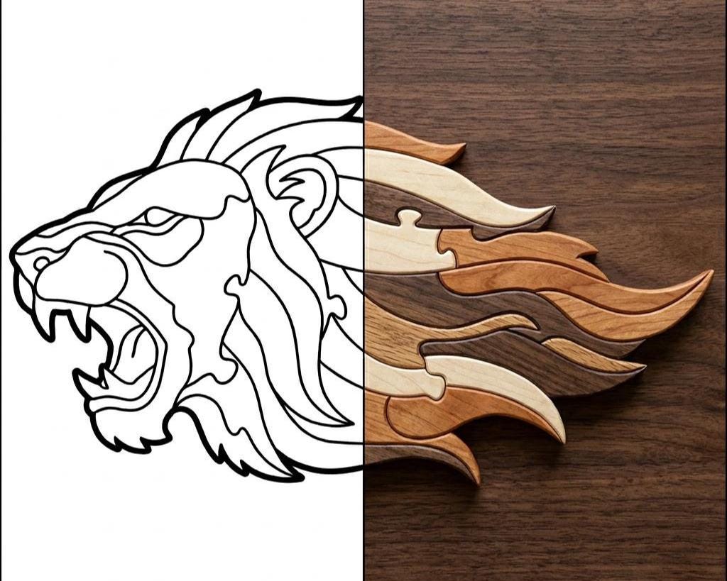 Lion Shell Inlay Roaring Lion Intarsia Pattern PDF, Scroll Saw Woodworking Template ...