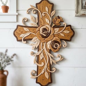 May include: Wooden cross with a carved rose design. The cross is made of light and dark brown wood, with a central rose and floral accents. Numbers are etched around the cross. A decorative piece for wall hanging.