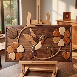 May include: A rectangular wooden wall art piece featuring an intricate marquetry design of a hummingbird hovering near two flowers and leaves. The artwork is crafted from various shades of natural wood grain and is displayed on a wooden easel.