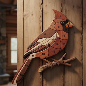 Kardinalfågelns intarsiamönster | Rullsågsträbearbetningsplan | Kardinalfågelns träkonstmall | DIY träväggdekor PDF