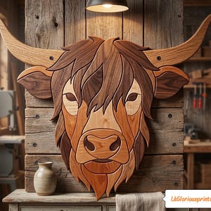 May include: A wall-mounted wooden Highland cow head sculpture crafted from layered wood pieces in varying shades of brown and tan. The artwork features long curved horns, a shaggy mane, and a prominent snout. Text reads LkGloriousprints.