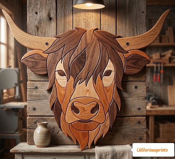 Highland Cow Head Intarsia Pattern PDF, Easy Woodworking Project, Rustic Farmhouse Wall Art, Beginner Friendly Wood Craft Plan