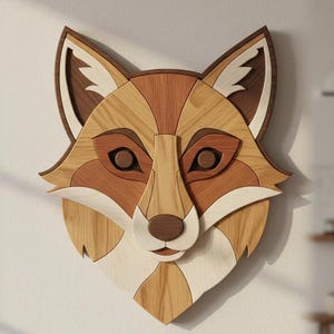 May include: A wooden fox head wall art piece. The artwork features a geometric design with various wood tones, including light and dark browns, and cream. The fox's eyes are dark brown, and the overall design is symmetrical.
