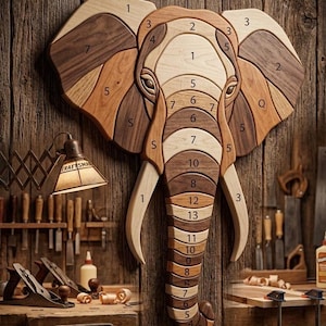 May include: A wooden elephant head wall art piece, constructed from different wood shades. The elephant is made from numbered segments, with a detailed trunk and tusks. The word "CRAFTSMAN" is visible on a lamp in the background.