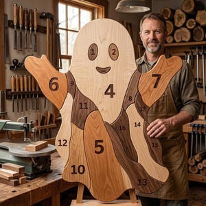 Puede incluir: Un gran rompecabezas de madera con forma de fantasma que consta de diecisiete piezas entrelazadas hechas de varias vetas de madera clara y oscura. El rompecabezas muestra los números del uno al diecisiete grabados en cada pieza, con una cara sonriente.