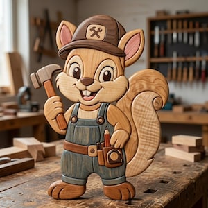 May include: A wooden squirrel figurine wearing a brown cap with a hammer icon, blue overalls, and a tool belt. The squirrel holds a hammer in one hand and has a pencil tucked into its belt. The piece is crafted from various wood tones.