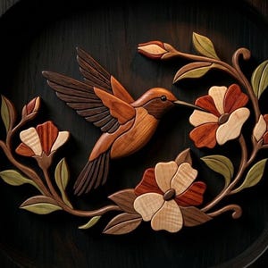 Hummingbird Intarsia Pattern PDF | Floral Scroll Saw Woodworking Plan | DIY Wooden Bird Wall Art Template image 14