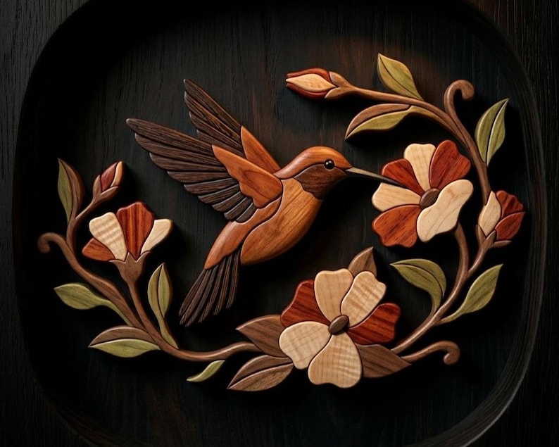Hummingbird Intarsia Pattern PDF | Floral Scroll Saw Woodworking Plan | DIY Wooden Bird Wall Art Template image 14