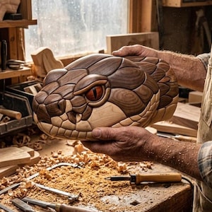 Op de afbeelding: Gedetailleerde houten sculptuur van een slangenkop, met ingewikkelde patronen en texturen. De sculptuur heeft een realistisch ontwerp met een lichtbruin en donkerbruin kleurenschema, en een opvallend oranje oog. Het kunstwerk wordt in een werkplaats gehouden.