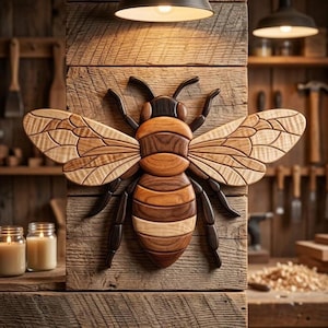 May include: A wooden bee wall art piece, featuring a detailed design with various wood tones. The bee is mounted on a rustic wooden plank, showcasing the natural grain. The wings are intricately crafted, adding depth and texture to the artwork.