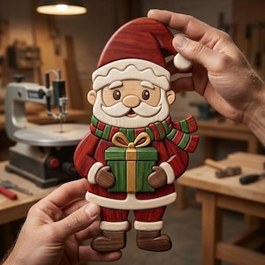 Peut inclure: Une figurine de Père Noël en bois fabriquée à la main avec un bonnet et un manteau rouges, une barbe et des bordures claires, ainsi qu'une écharpe verte. La figurine tient un cadeau vert avec un ruban doré. Le grain du bois est visible.
