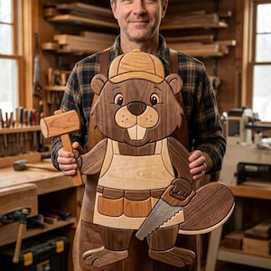 May include: A wooden wall art piece shaped like a cartoon beaver wearing a cap and an apron with tool pockets. The beaver is holding a wooden mallet in one hand and a hand saw in the other. The design features contrasting light and dark wood tones.
